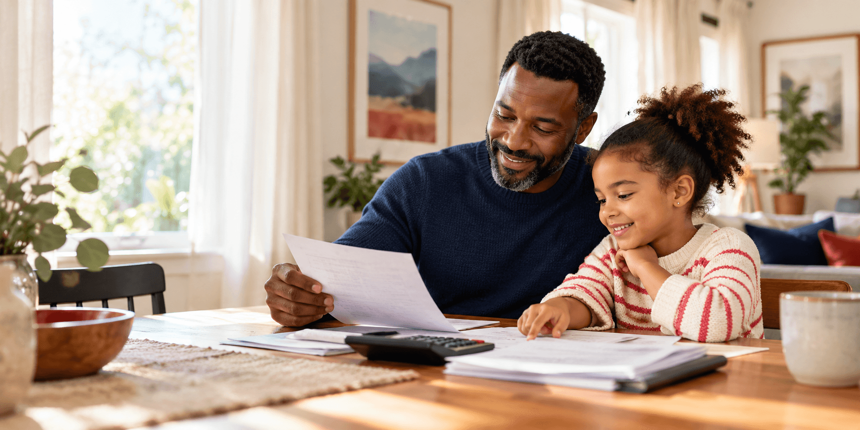 A family organizing paperwork together at home