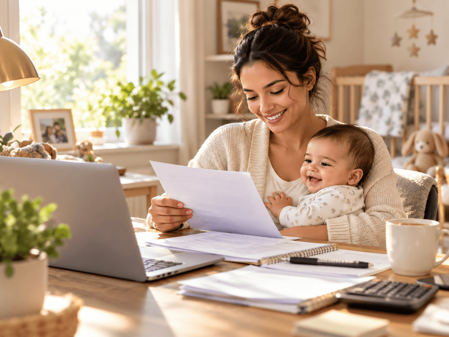 A parent reviewing tax records with an infant beside her